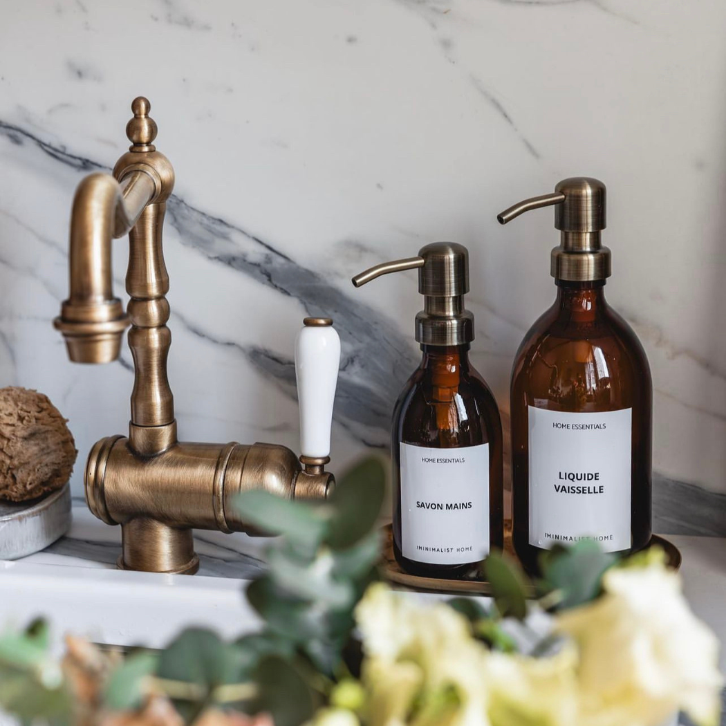 Âmbar Dispenser de sabonete de vidro âmbar para cozinha – 500 ml – Fabricado na França para venda a revendedores na Faire2