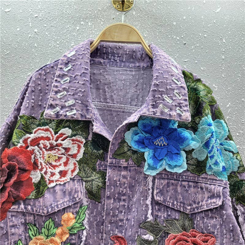 Purple JK061 3D Floral Edge Denim Jacket - Spring Fashion for wholesale on Faire2