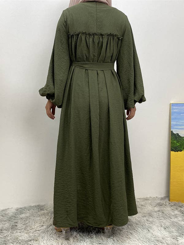 StyleGalX - Wholesale Jurk - Dames - Elasticiteit met lange mouwen en bisschopmouwen, geplooide, effen kleur, gespleten taille, ronde hals, maxi-jurken4