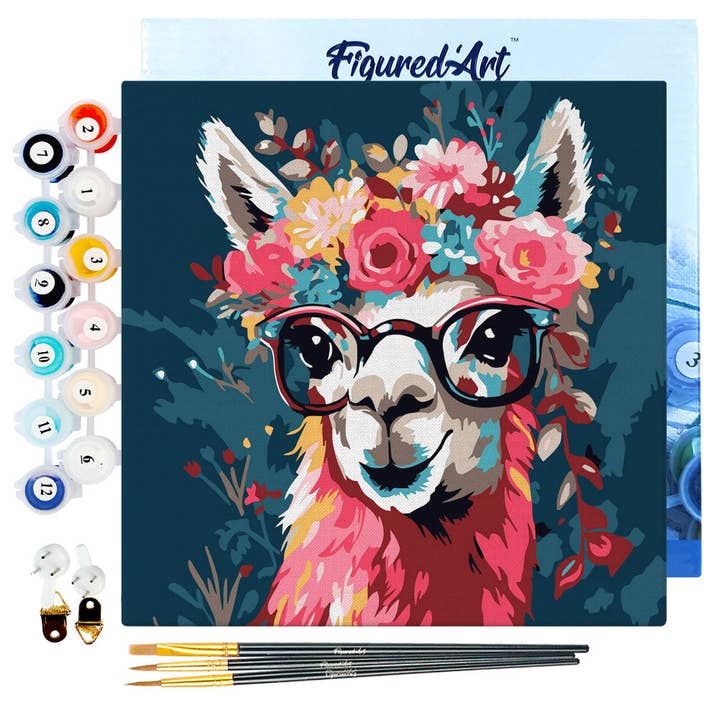 Figured'Art - Wholesale Doe-het-zelf-knutselset - Mini-schilderij van Numbers met lijst Lama Fantasy Flowers