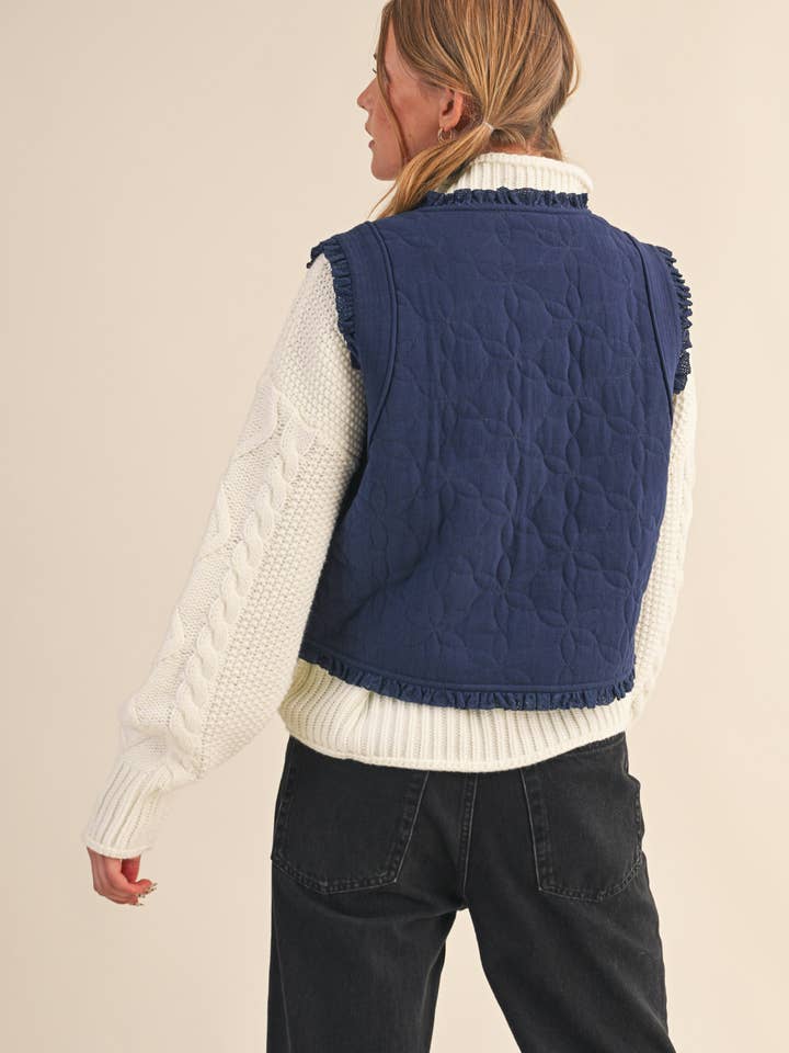 &MERCI - Wholesale Outerwear Vest - Women's - FLORAL QUILTED LACE TRIM BOW TYING VEST MJK411312