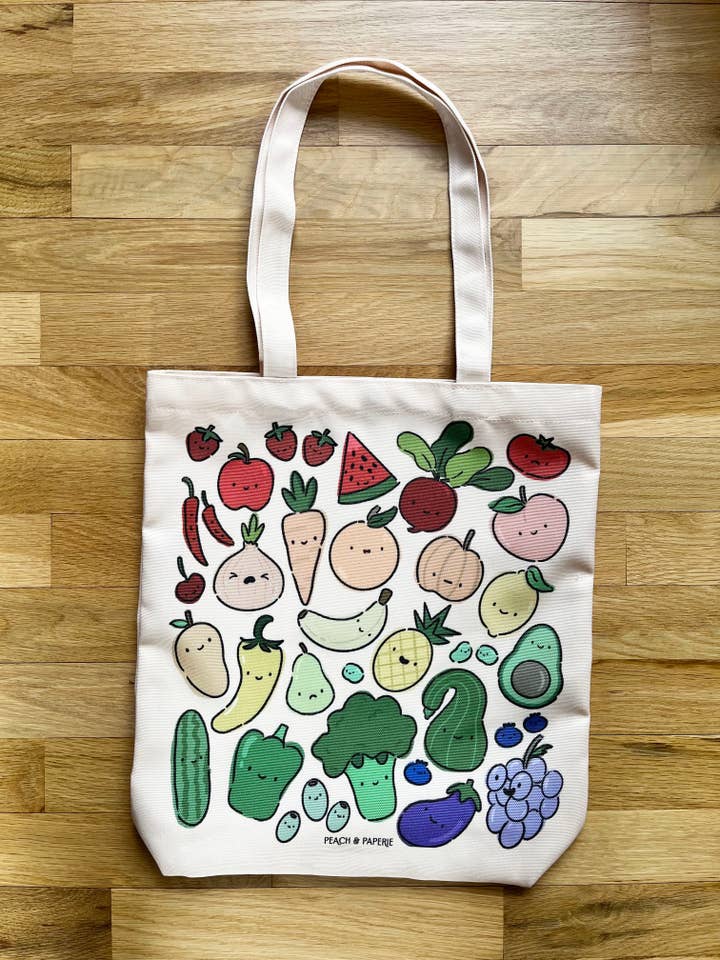 Rainbow Veggies & Fruit Tote Bag for wholesale by peach & paperie