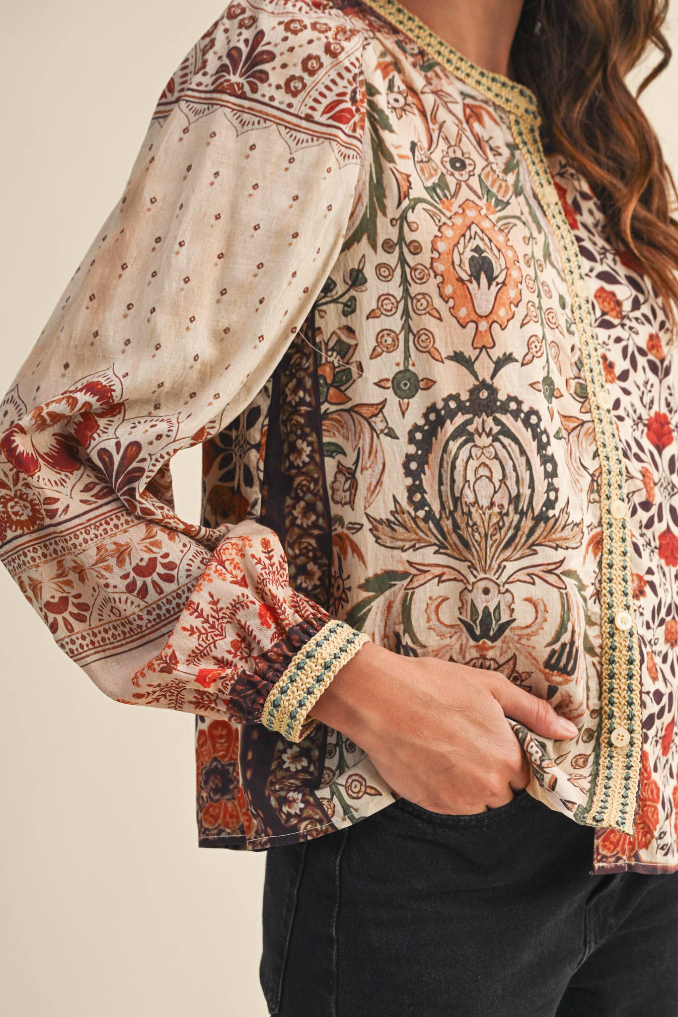 &MERCI - Wholesale Button Down Shirt - Women's - PATCHWORK PRINT CROCHET TRIM BUTTON DOWN TOP MTP43826