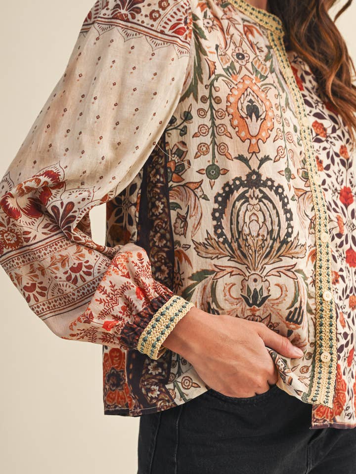 &MERCI - Wholesale Button Down Shirt - Women's - PATCHWORK PRINT CROCHET TRIM BUTTON DOWN TOP MTP43826