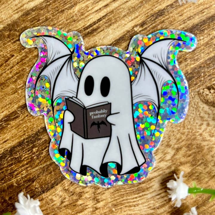 Awfullynerdy.co - Wholesale Sticker - Ghost Reading Probably Fantasy Glitter Sticker0