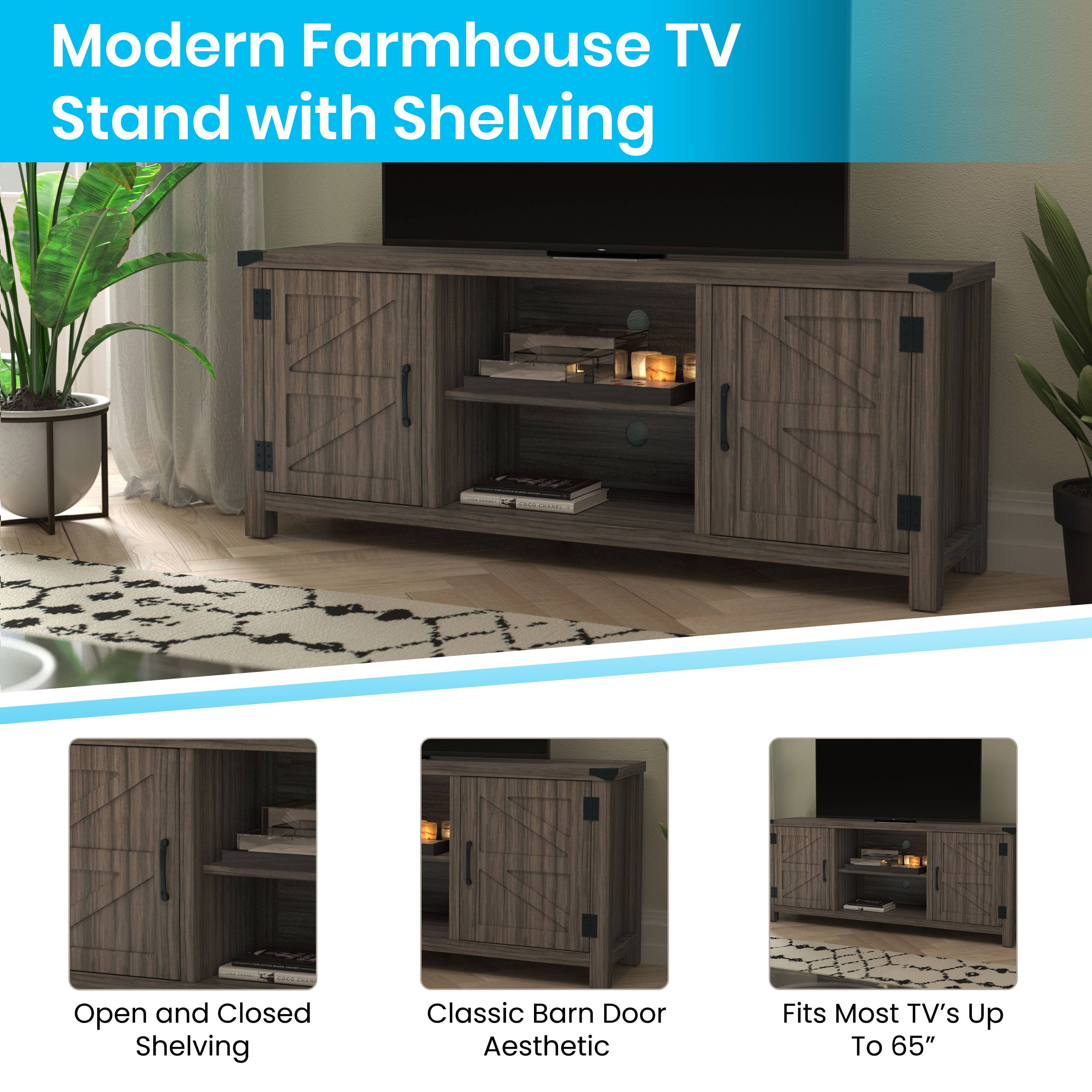 Gray Oak 59" Barn Door TV Stand Fits up to 65" TV for wholesale on Faire3