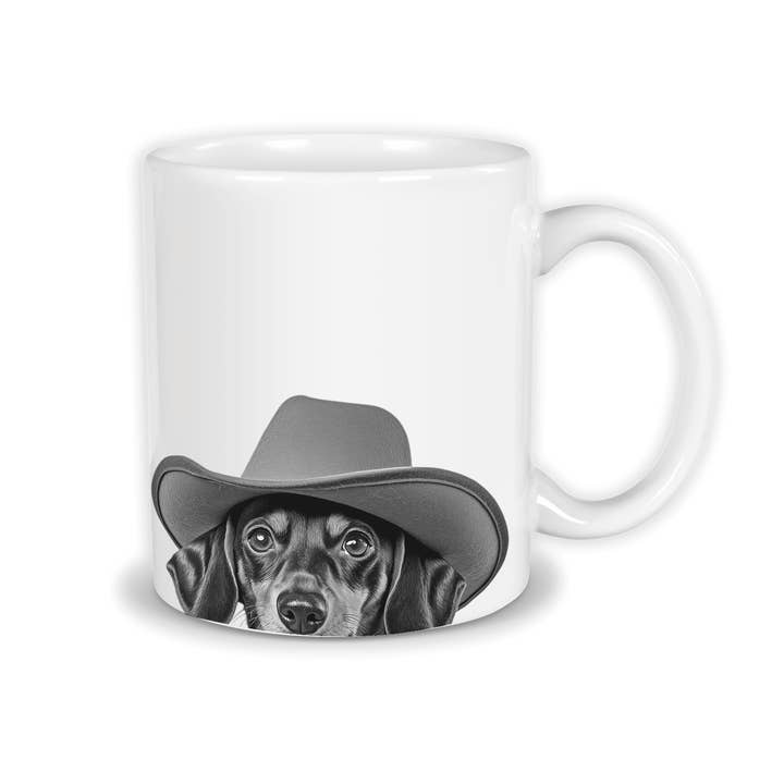 Peeking Dachshund Cowboy Mug for wholesale by Perkie Prints