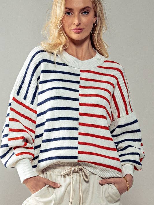 IVORY MULTI Striped Blocked Drop Shoulder Knit Sweater for wholesale on Faire