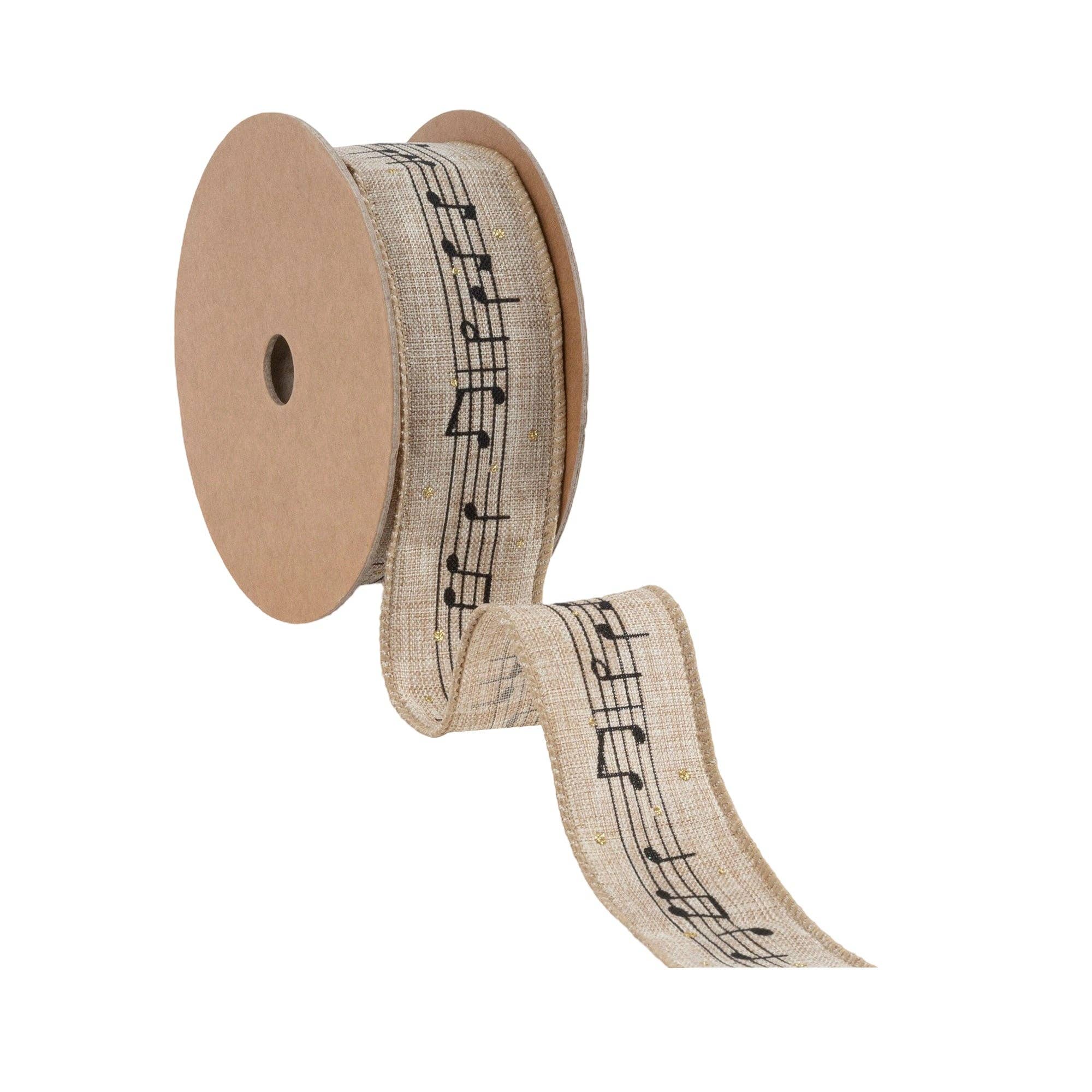 LA Ribbons Wholesale – Großhandel Band – Geschenke verpacken – 1 1/2" Drahtband | Musiknoten auf Natur | 10-Yard-Spule2