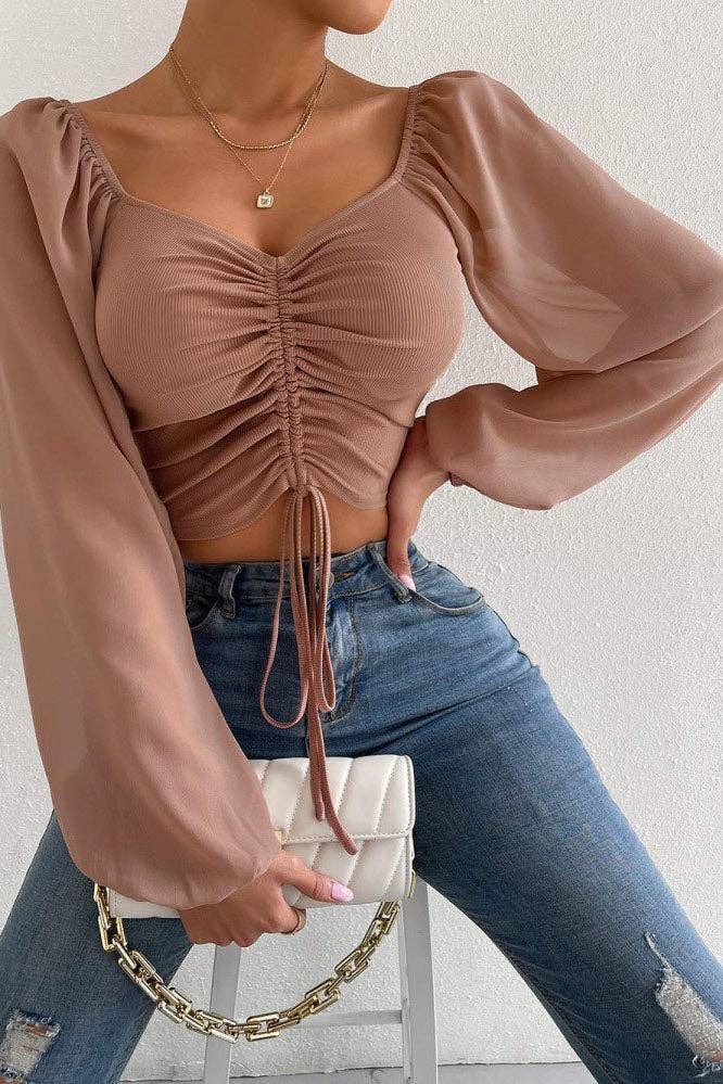 safistyle - Wholesale Blouse - Women's - Ruched Long Sleeve Crop Top3