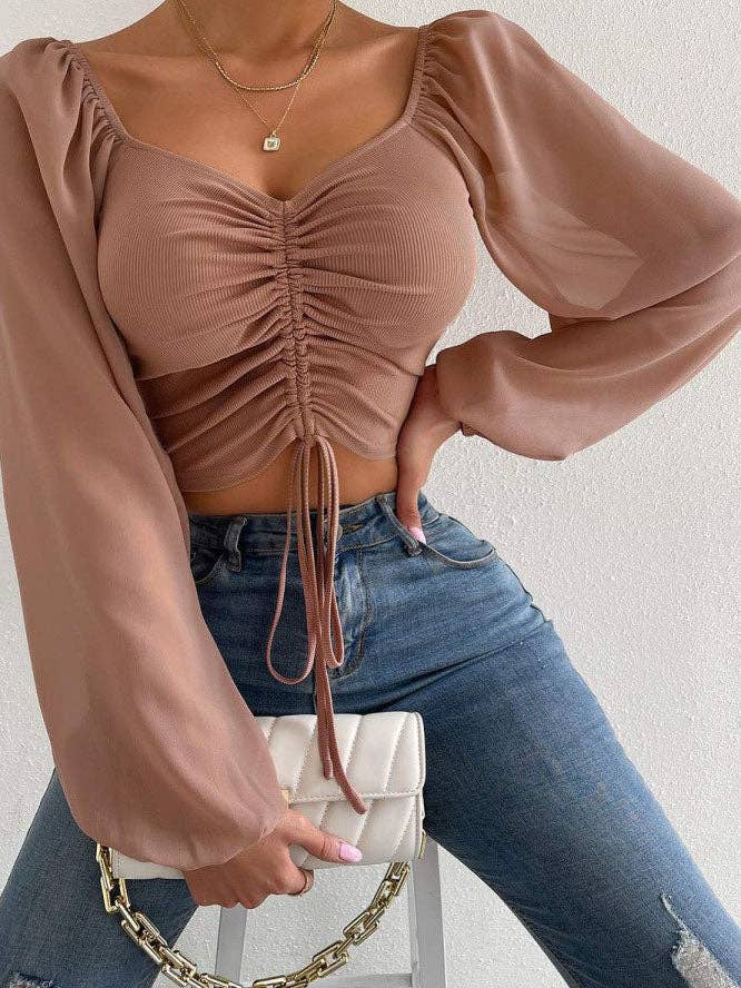 safistyle - Wholesale Blouse - Women's - Ruched Long Sleeve Crop Top3