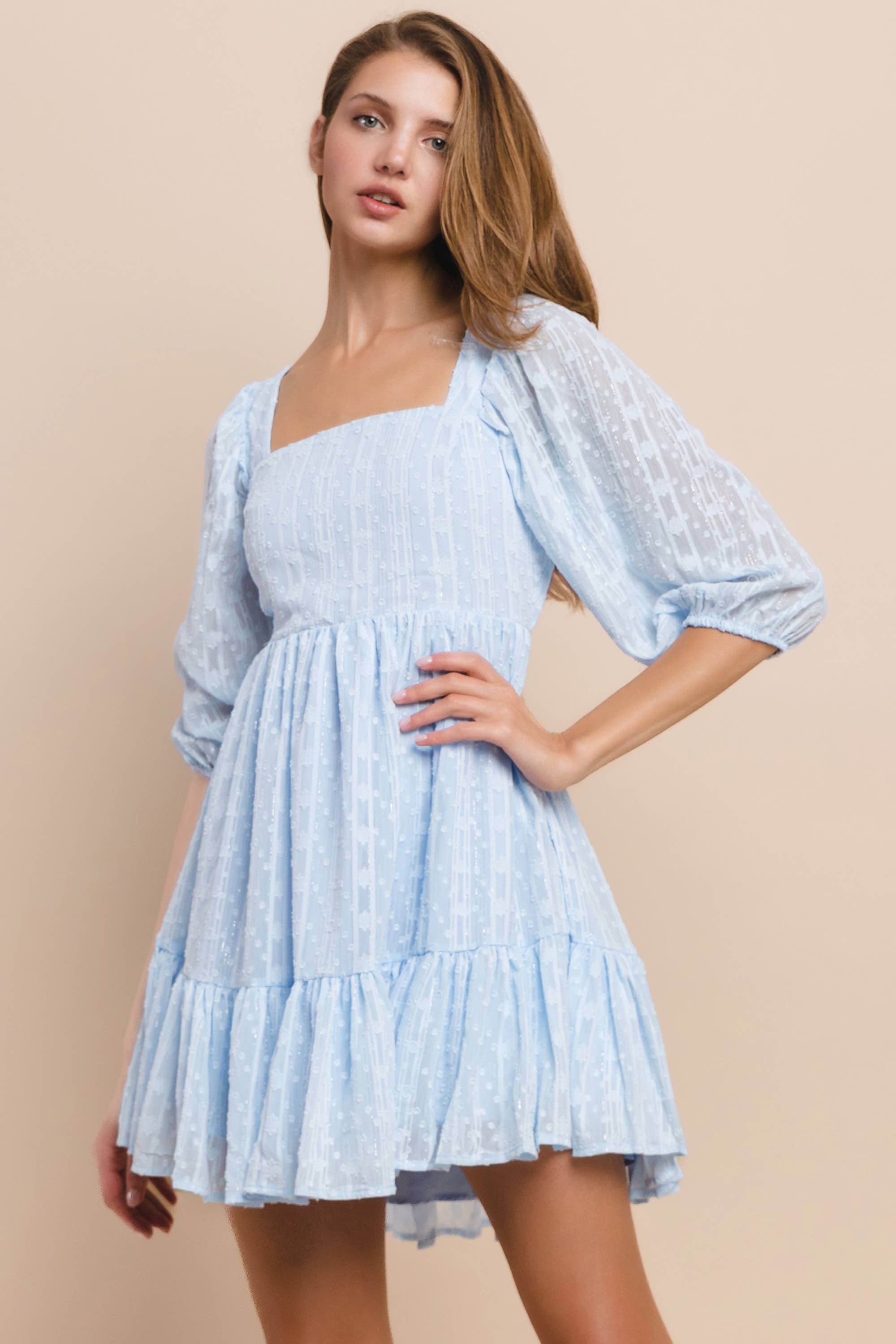 WISTERIA LANE - Wholesale Dress - Women's - SQUARE NECK A-LINE BABYDOLL DRESS W/BACK TIES BLUE1