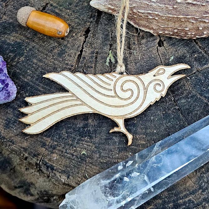 Celtic Crow Wooden Ornament, Morrigan Raven Charm Witch Gift for wholesale by Prism Moon Designs