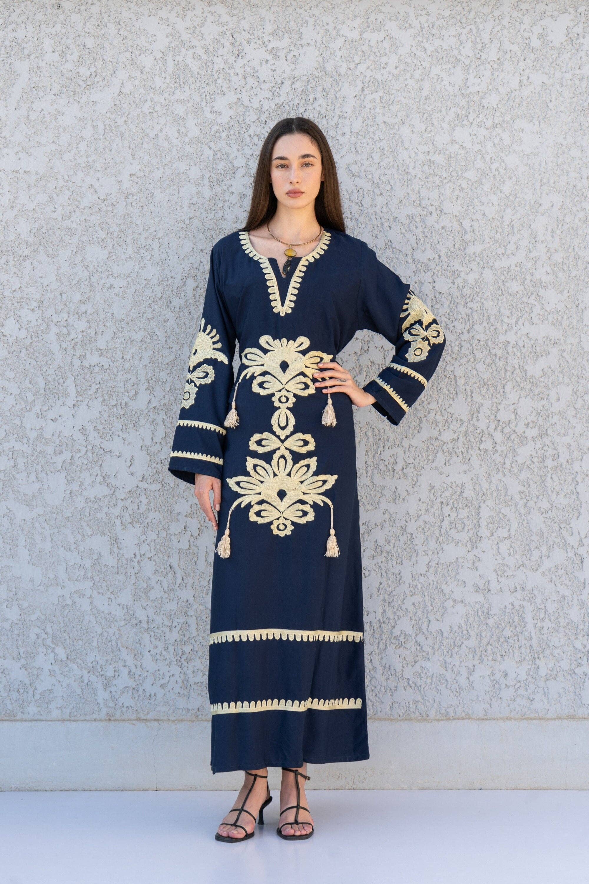 Gipci - Wholesale Kaftan - Women's - Navy Blue Egyptian cotton kaftan dress, caftans for women, Boho Kaftan dress, Caftans for women, long summer kaftan, kaftans, caftan