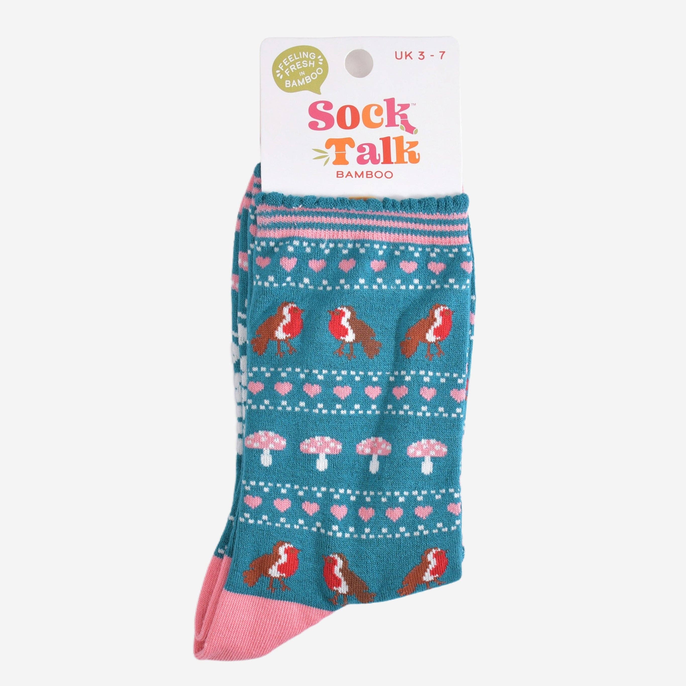 Sock Talk - Wholesale Sokken - Dames - Dames sokken van bamboe - blauwgroen/roze met Robin Fair Isle motief4