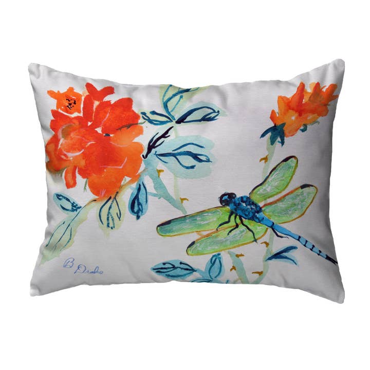 Dragonfly & Red Flower Noncorded Indoor/Outdoor Pillow for wholesale by Betsy Drake Interiors