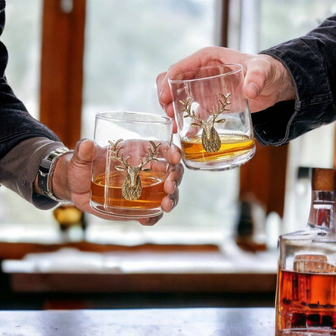 Jersey Art Glass - Wholesale Cocktail/Liquor Glass - Gold Stag Deer Whiskey Glasses (Set/2) Hunting Gifts For Men8