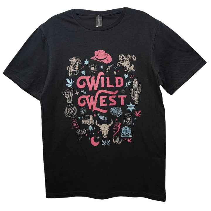 Wild West Western Graphic Black Adult T-Shirt for wholesale by Scruffy's Ventures Inc.