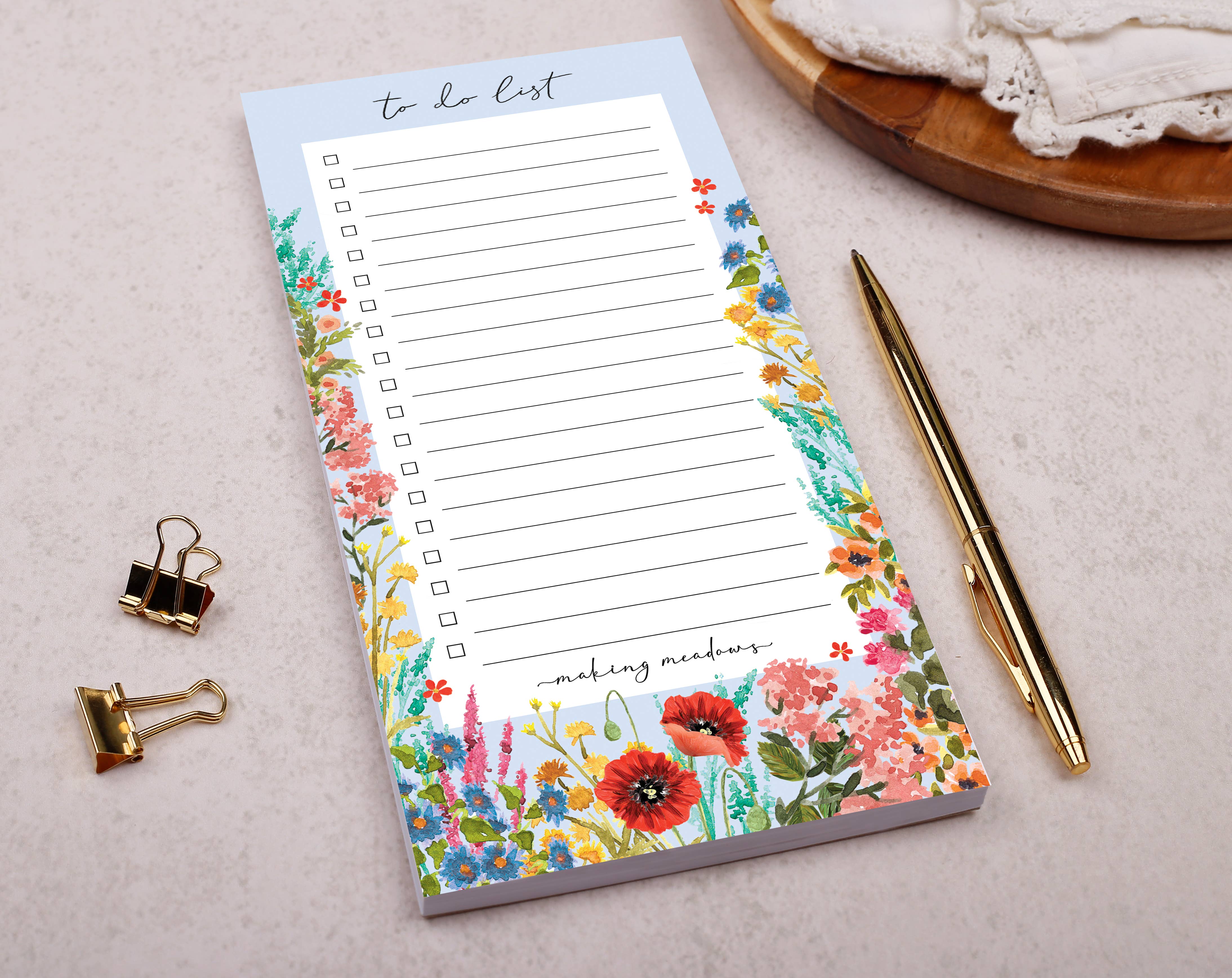Making Meadows Ltd - Wholesale Notepad - To Do List | Stationery | Blue Floral Notepad Desk Pad1