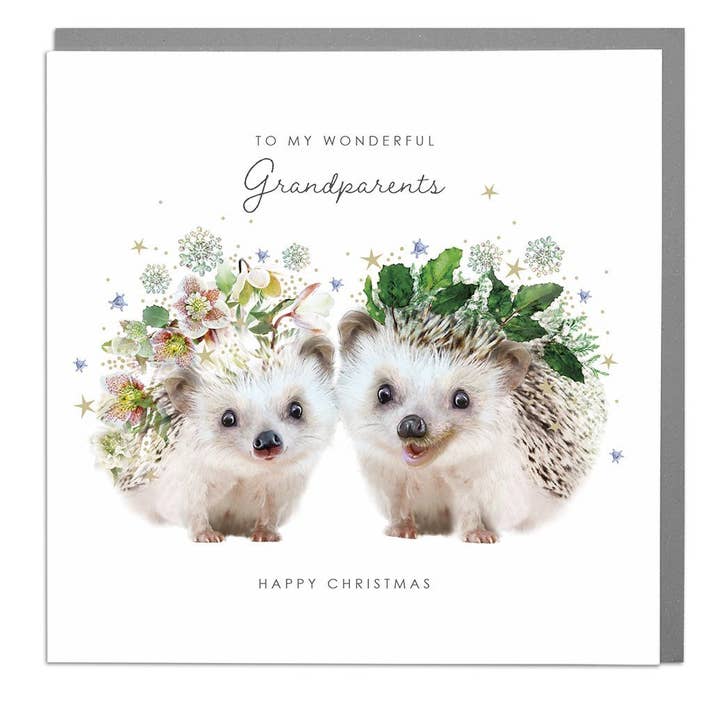 Two Hedghogs Grandparents Christmas Card by Lola Design for wholesale by Lola Design Ltd