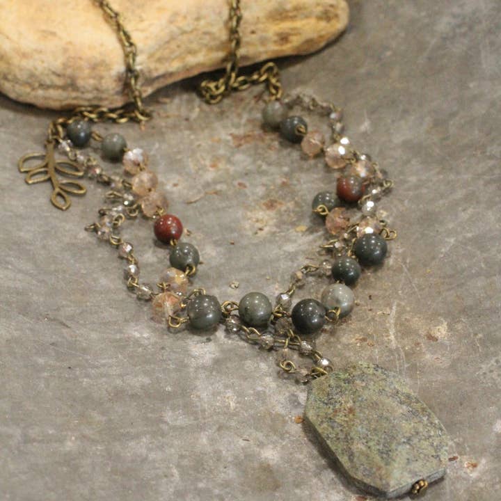 Double Layered Rosary Chain Stone Drop Necklace for wholesale by The Primitive Peddler, Inc.