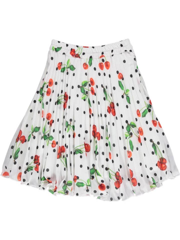 PS23S004008 - Gonna lunga plissettata bianca con ciliegie rosse per la vendita all'ingrosso da parte di Piccola Speranza
