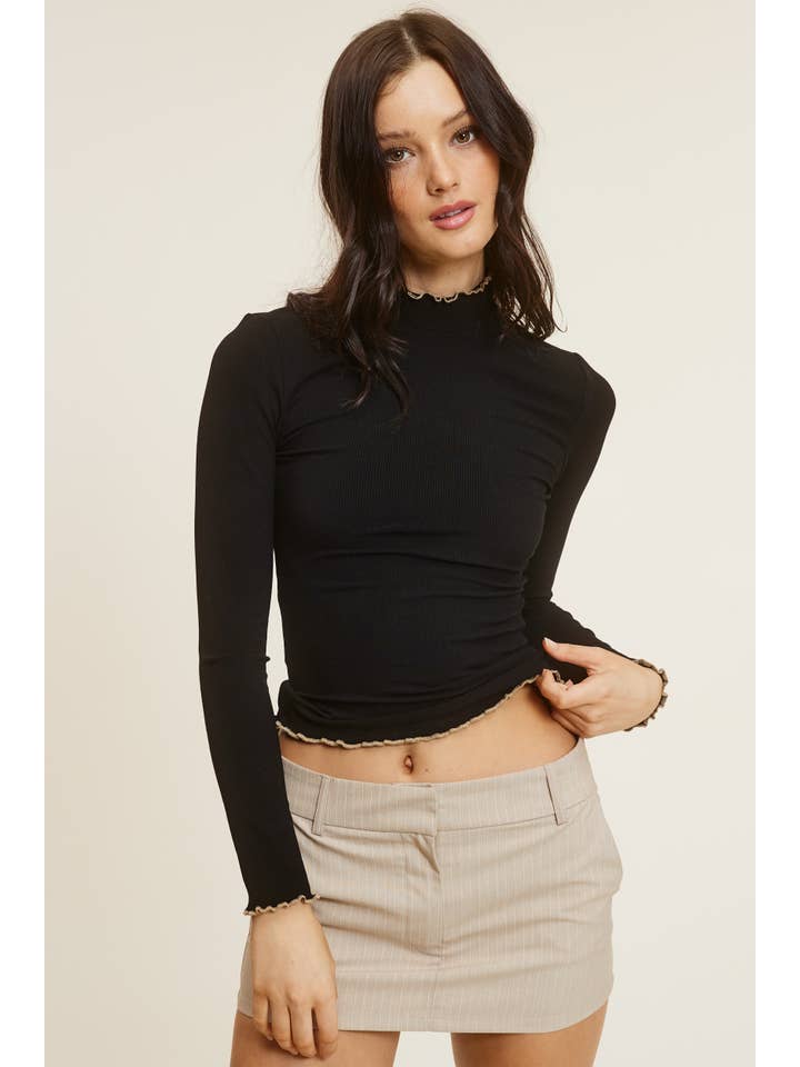 Black Lettuce Trim Detail Basic Soft Ribbed Top for wholesale on Faire3