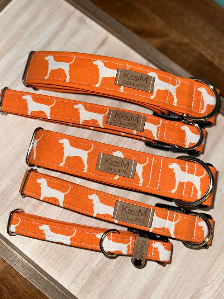 White Dogs on Orange Dog Collar, Tennessee, K and M Collars for wholesale by K and M Collars