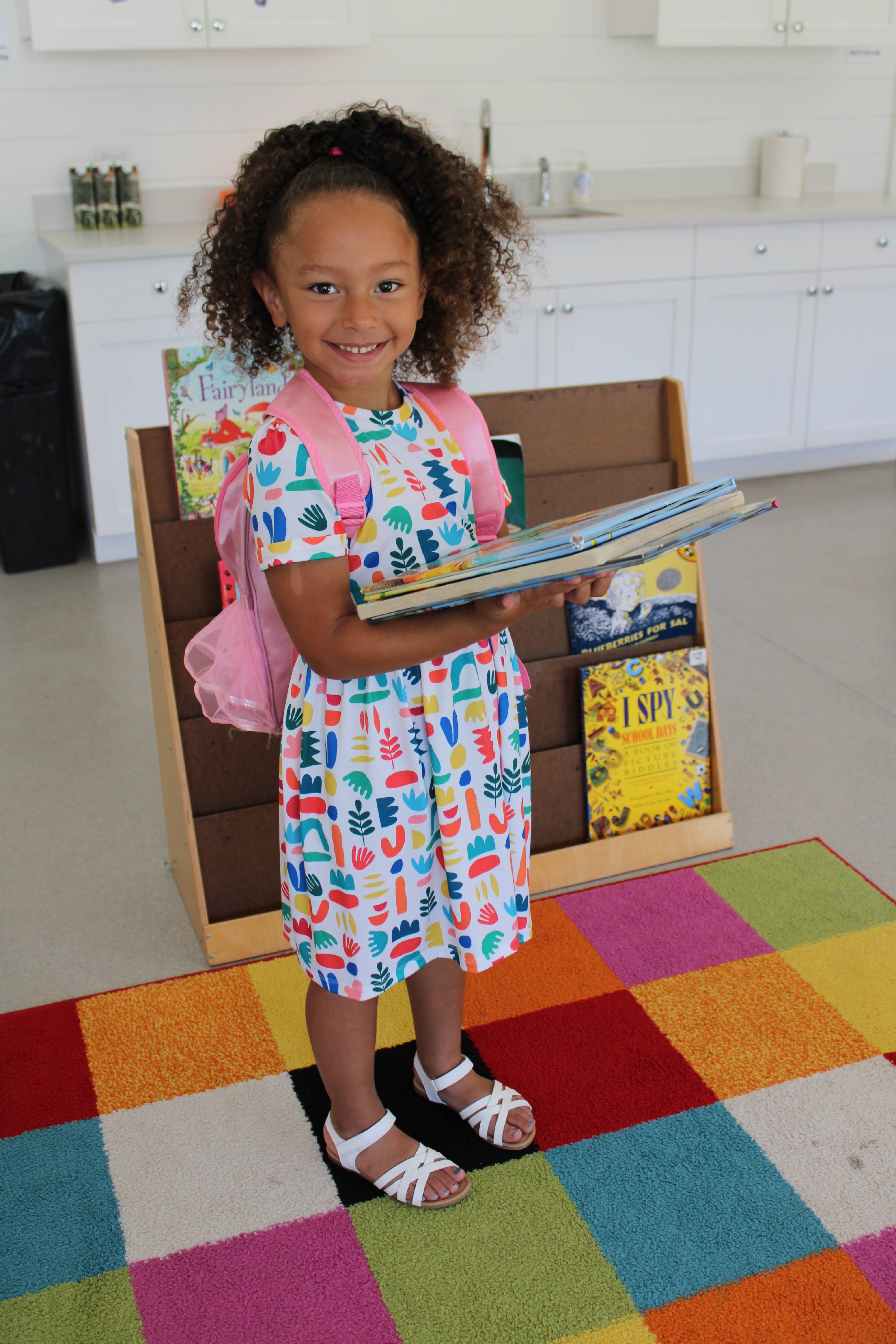 Minna - Wholesale Dress - Kids -  Short Sleeve Jersey Twirl Dress - Colorful Retro Shapes16