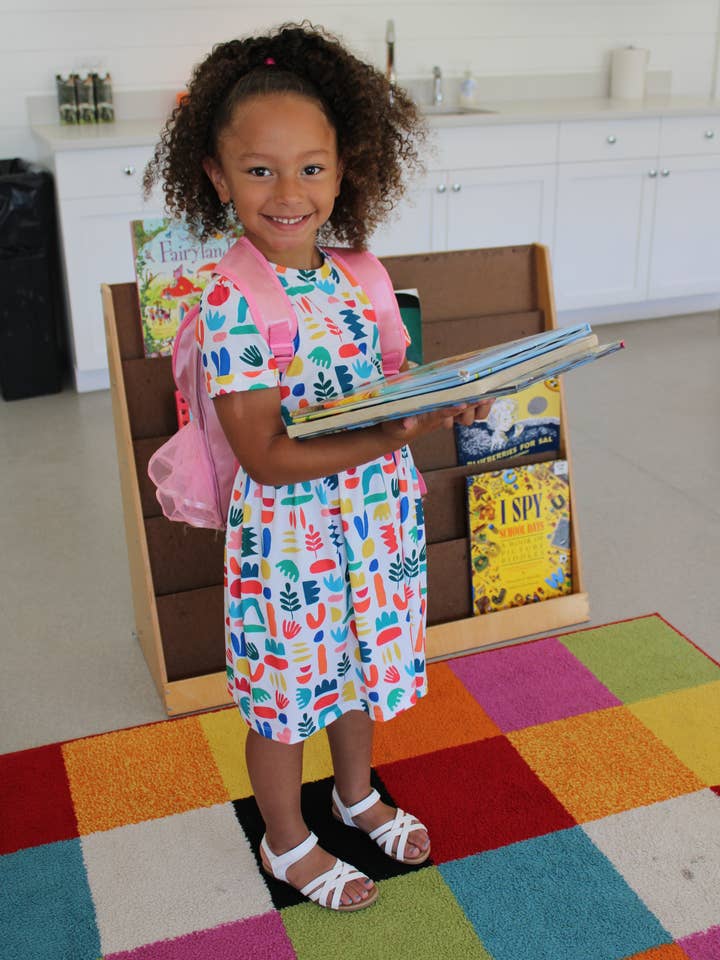 Minna - Wholesale Dress - Kids - Short Sleeve Jersey Twirl Dress - Colorful Retro Shapes16