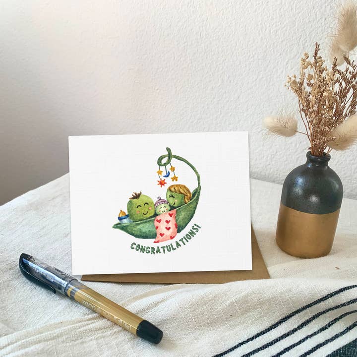 Pink Hill Press - Wholesale Baby Card - Three peas in a pod baby shower card, Boy girl new baby, A2