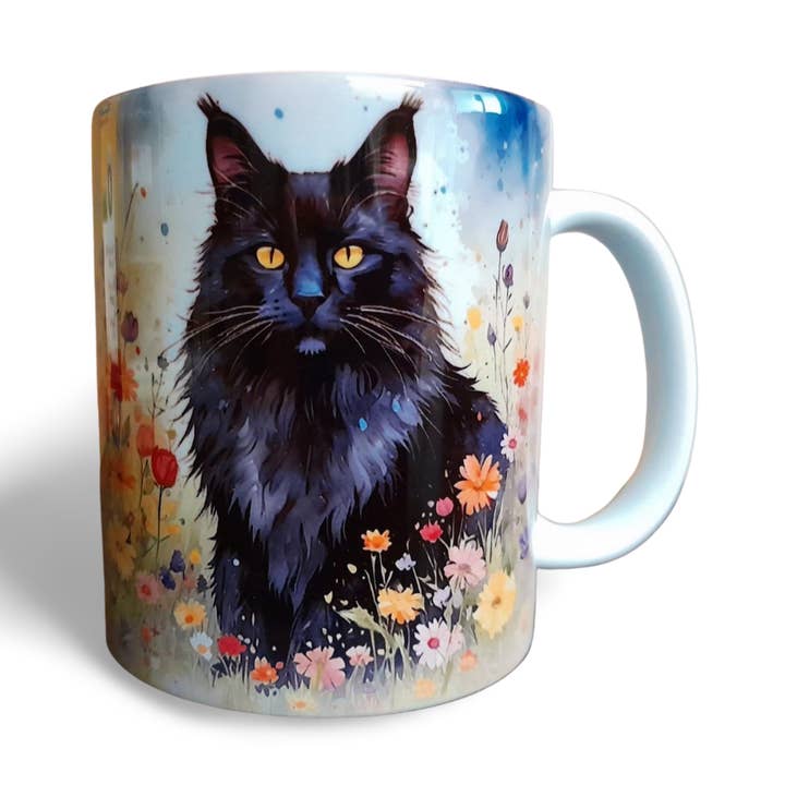 Water Colour Black Maine Coon Cat in Flowers Coffee Mug for wholesale by Rockways Designs