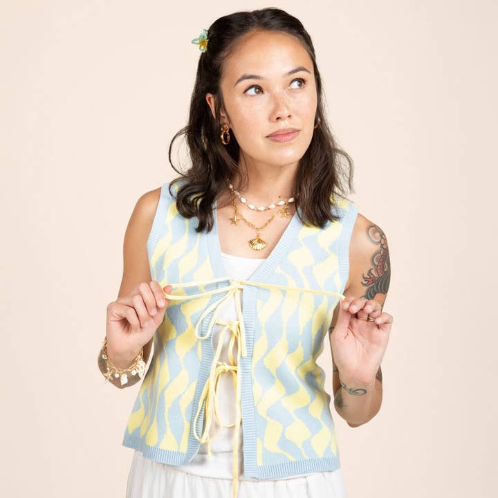 Seaside Swirl Human Cotton Knitted Tunic Vest with Tie Front for wholesale by Sunbean