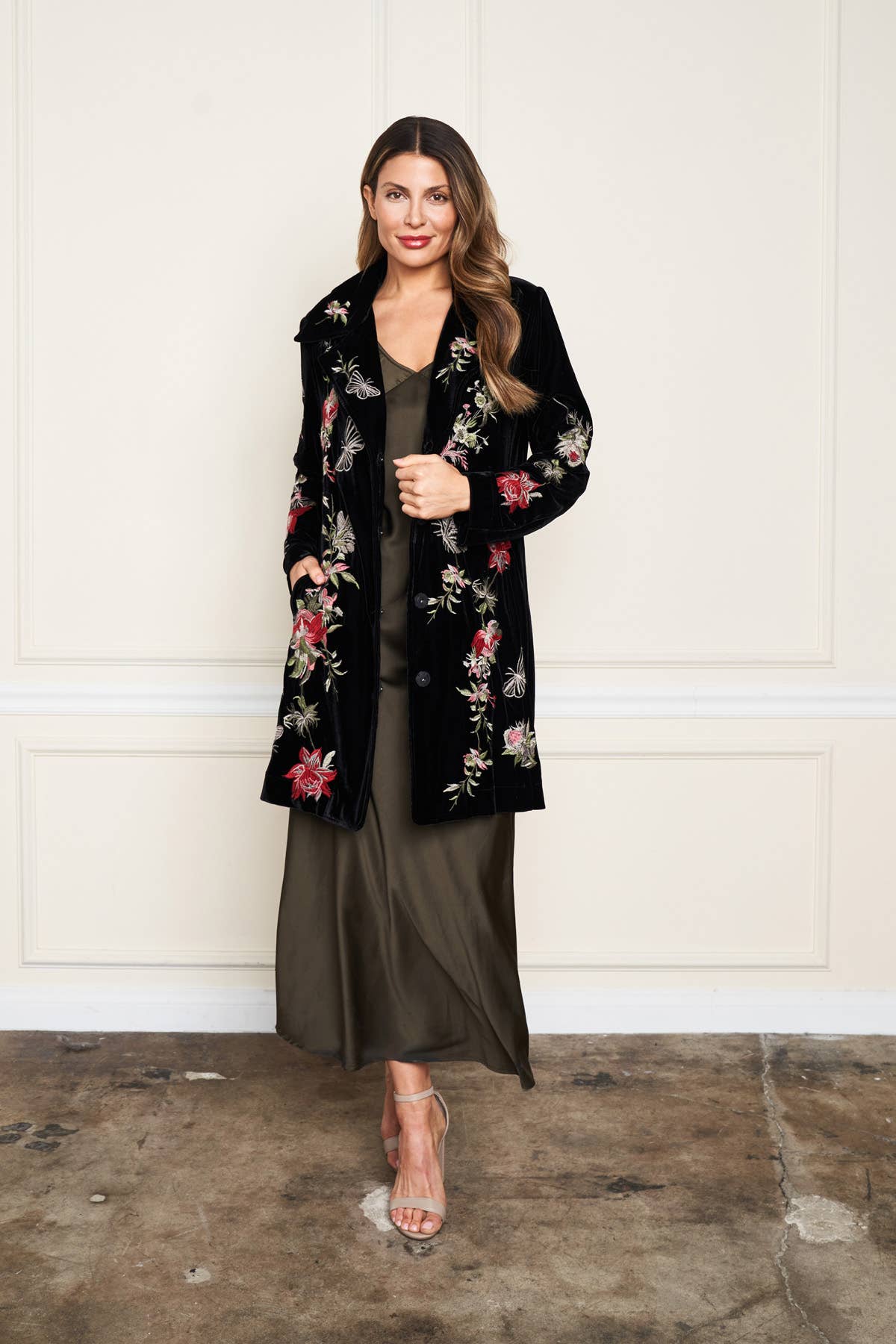 Black 5675-MAJ Embroidered Velvet Coat for wholesale on Faire0