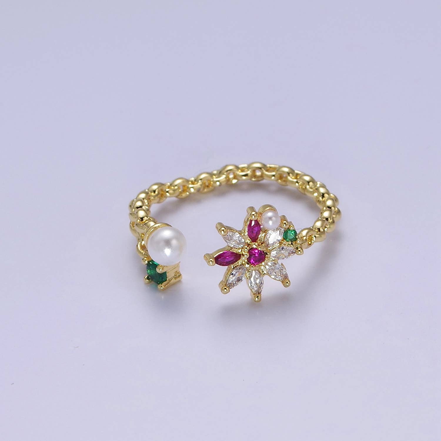 Aim Eternal - Wholesale Multi-Stone Ring - Dainty Pearl CZ Crystal Daisy Flower Gold Ring O21040