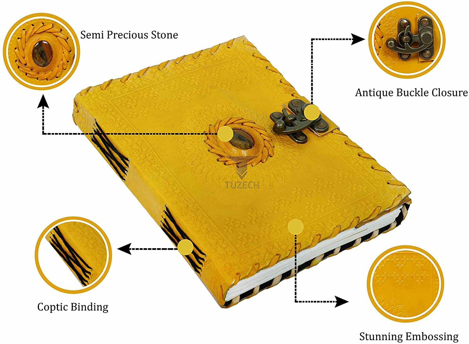 Tuzech Leather - Wholesale Journal/Diary - TUZECH Handmade Office Home Daily Use, Poem Writing Beautiful Pure Leather Luck Stone Bound Journal/Diary with C-Lock for Men and Women 8 Inches14