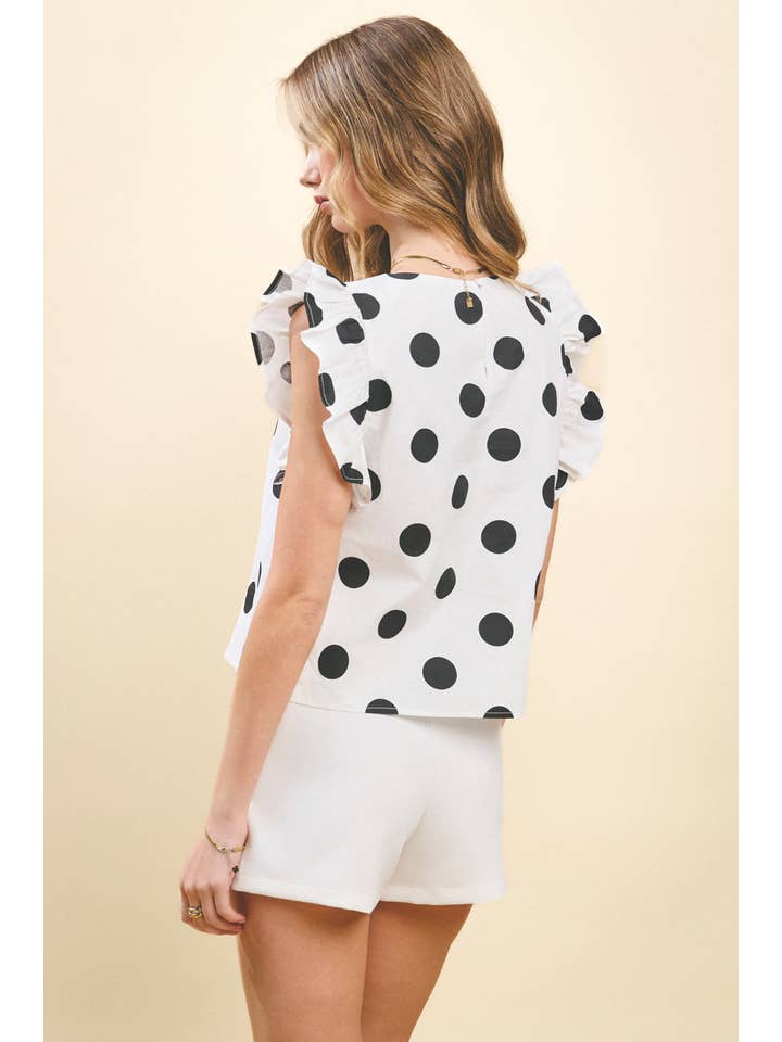 White CT9311-Polka Dot Print Ruffle Sleeves Back Keyhole Top for wholesale on Faire