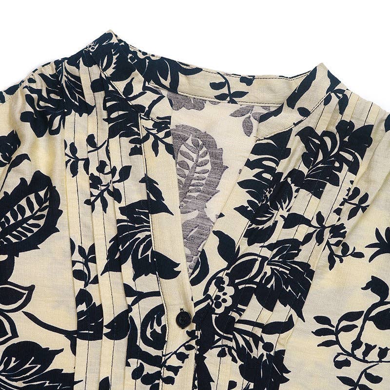 Navy blue Vintage Printed Shirt Small Stand-up Collar for wholesale on Faire5