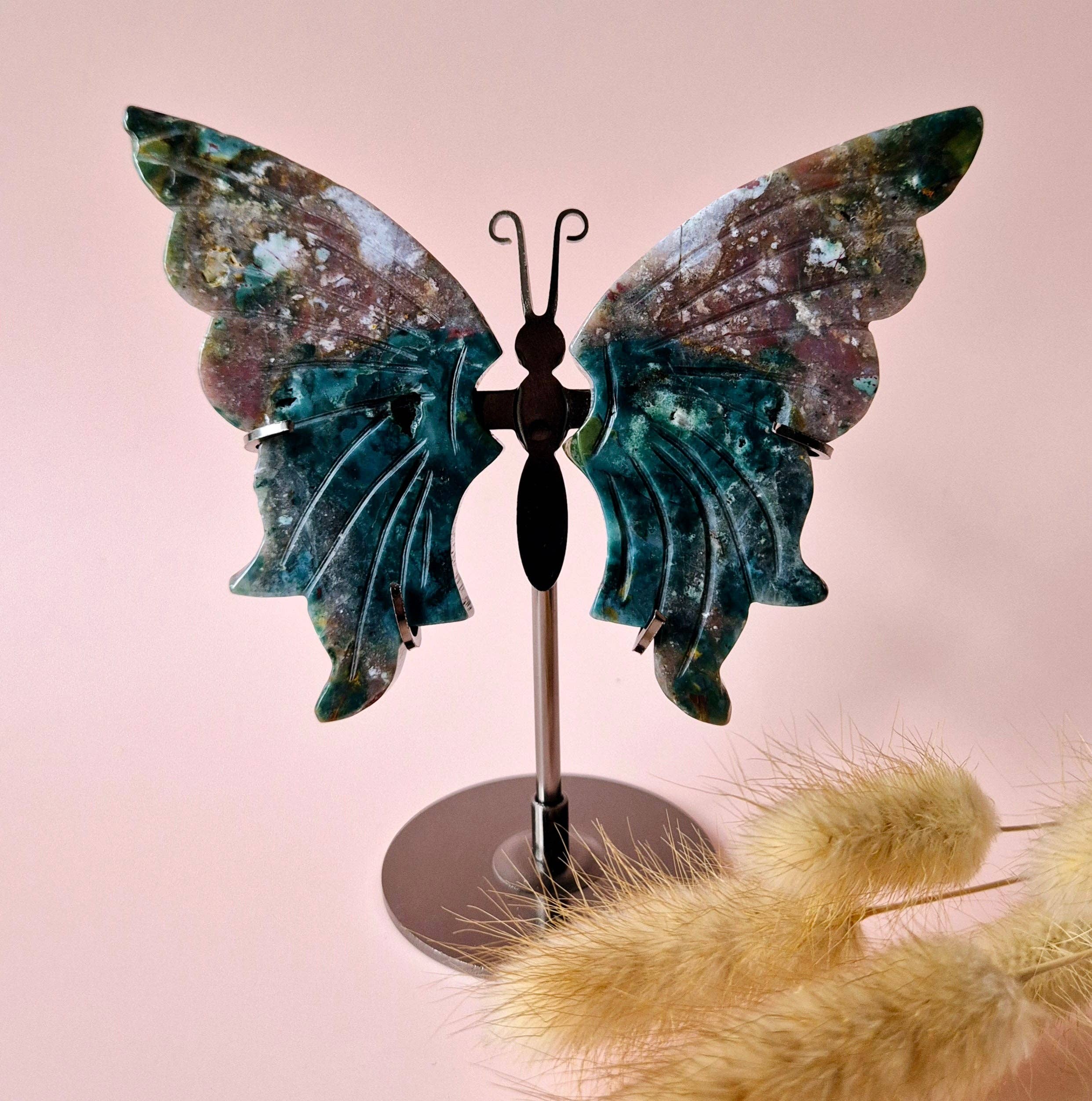 Moonlight Gemstones - Wholesale Spiritual Stone/Crystal - Ocean Jasper Butterfly Gemstone Crystal Carving with Metal Stand butterfly1