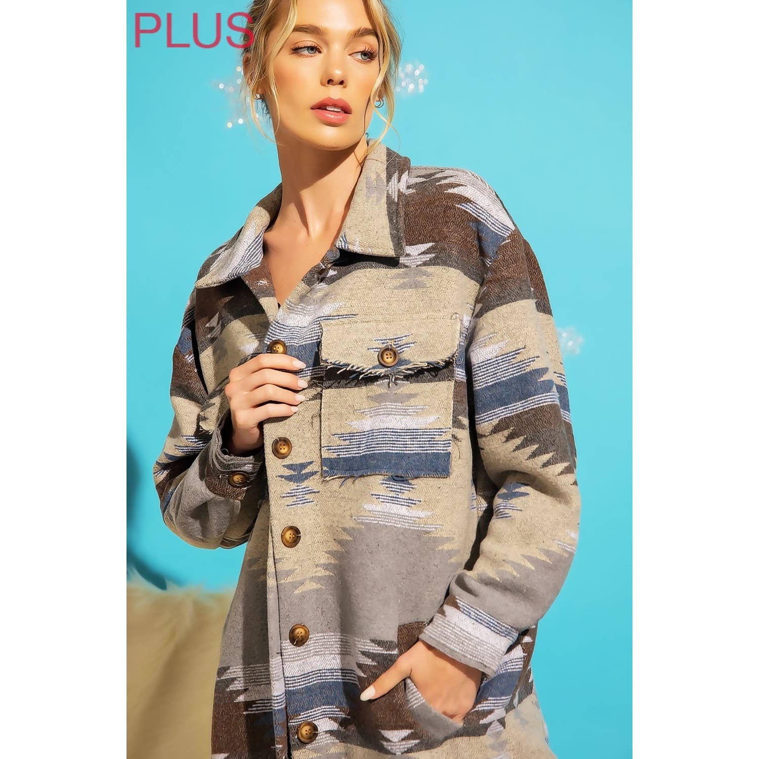 Sweet Generis - Wholesale Shirt Jacket/Shacket - Women's - PLUS LONG TRIBAL AZTEC BUTTON DOWN SHIRT JACKET SHACKET4