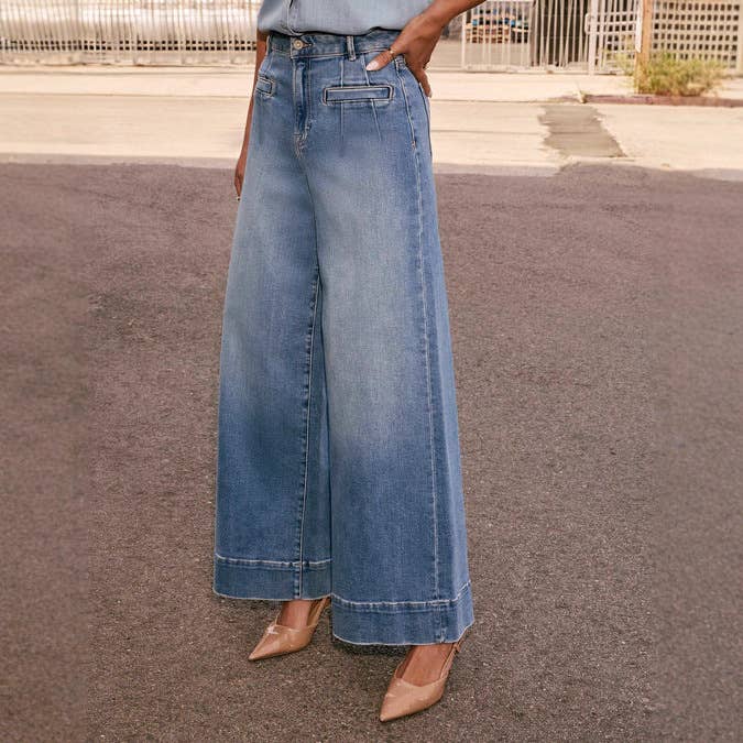 Blue Women's Casual Wide Leg Stretch Washed Denim Pants  for wholesale on Faire1