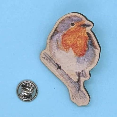 Robin Bird Wooden Pin Badge for wholesale by Hodgepodge