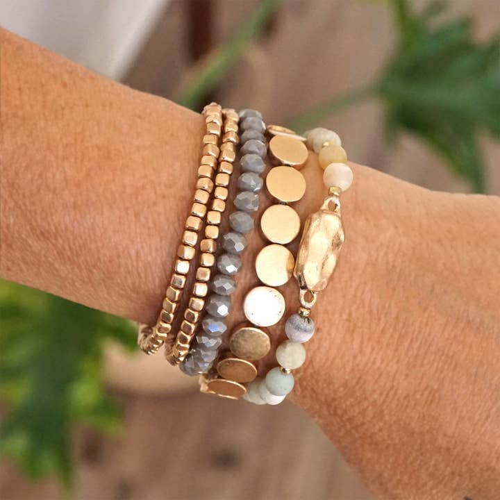 PennyLine inc - Wholesale Beaded Bracelet - 5 piece Boho Beaded Bracelets Stack Semi Precious Metal Glass Beads Golden nugget flat beads3
