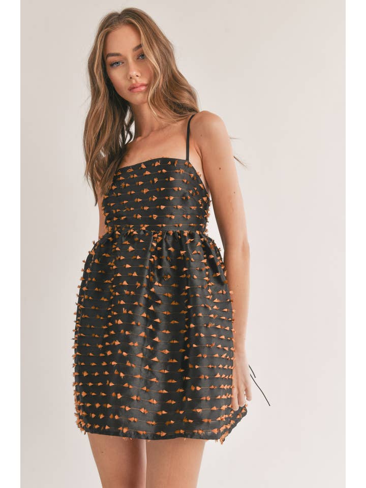 BLACK BROWN ID7139 TASSEL TEXTURED FABRIC BABY DOLL MINI DRESS for wholesale on Faire1