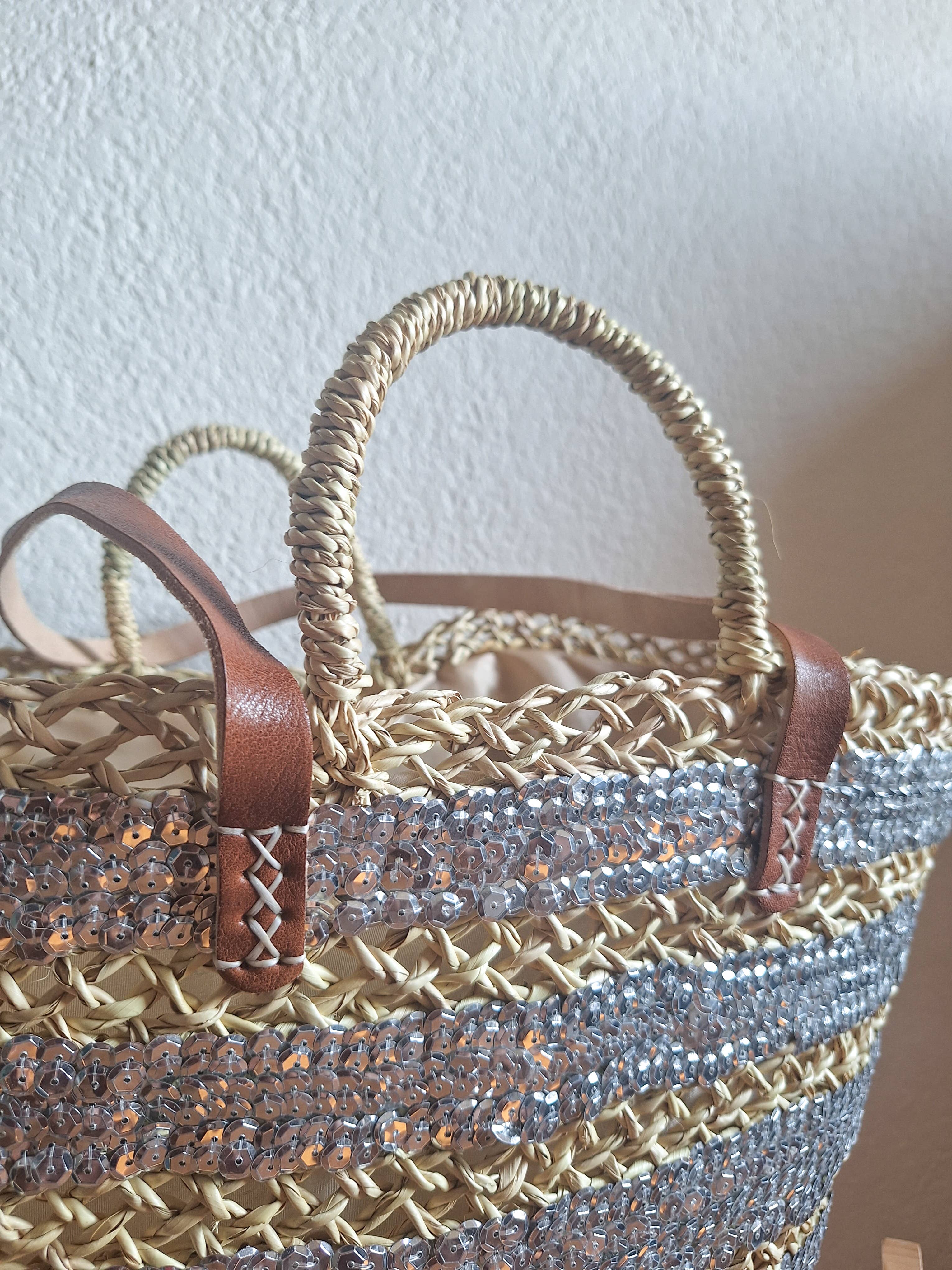 LeBazare - Vendita all'ingrosso Borsa da spiaggia - Borsa shopper in paglia ricamata con paillettes grigie3
