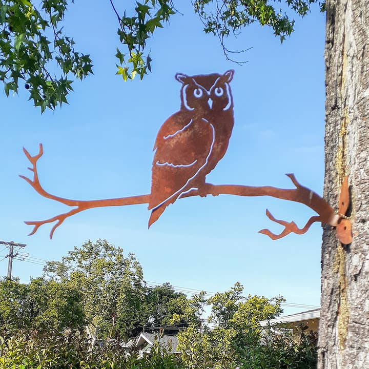 Rust Owl on Branch Garden Art for wholesale by California Home & Garden