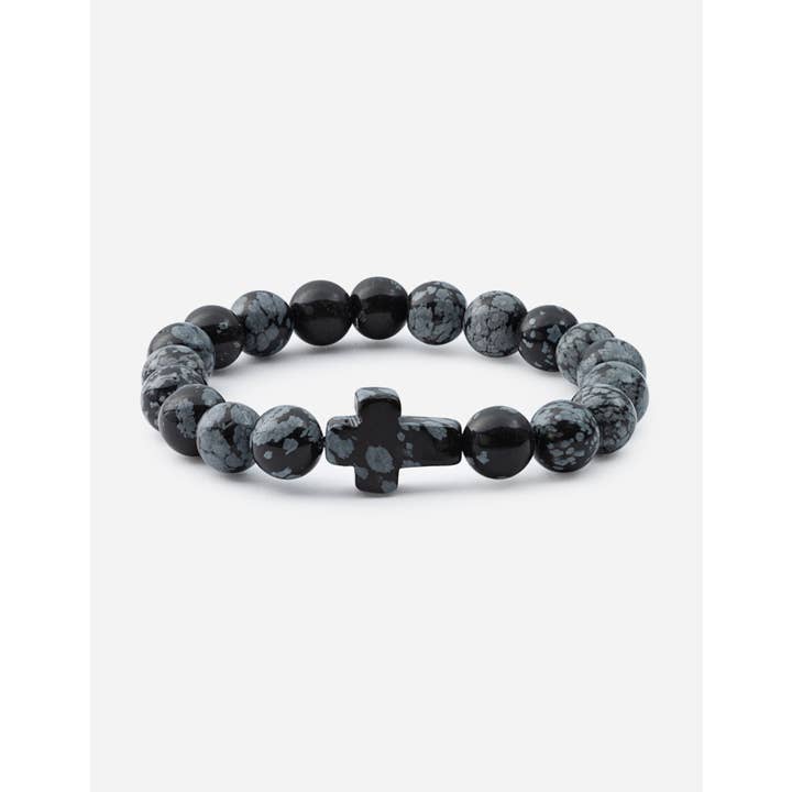 Elevated Faith - Wholesale Beaded Bracelet - Obsidian Cross Beaded Bracelet in Natural Stone