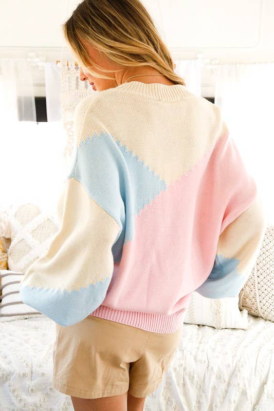 Vine & Love - Wholesale Knit Sweater - Women's - Color Block Round Neck Chunky Knitted Sweater Top VT8101721