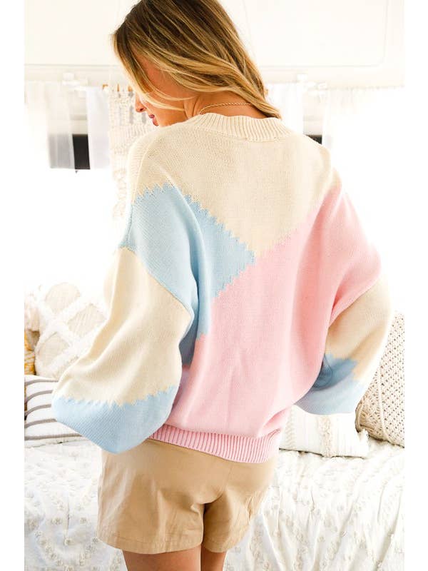 Vine & Love - Wholesale Knit Sweater - Women's - Color Block Round Neck Chunky Knitted Sweater Top VT8101721