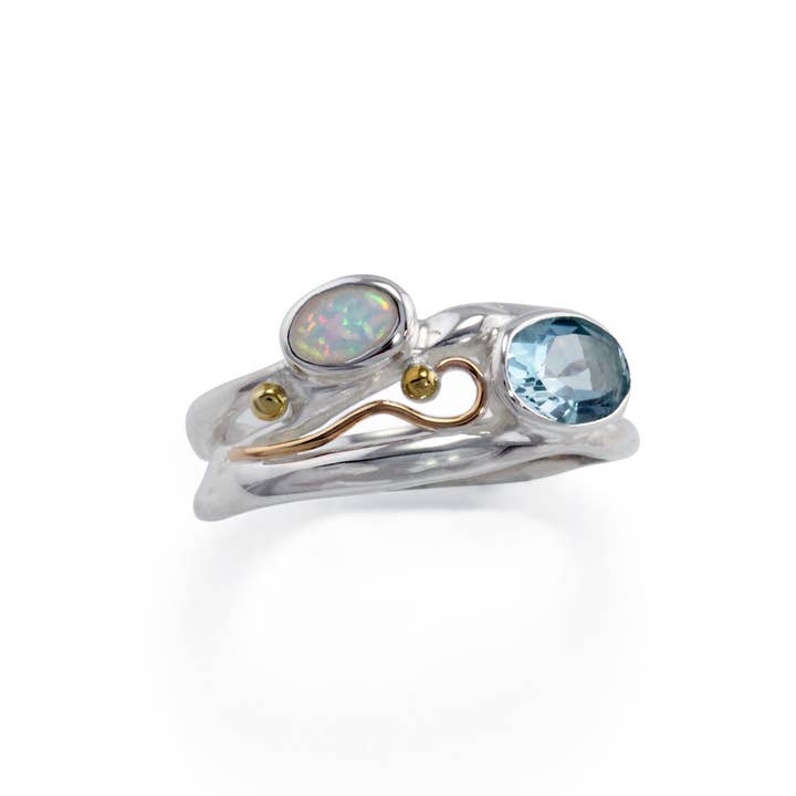 Banyan Jewellery - Wholesale Multi-Stone Ring - Handmade Blue Topaz & Opal Sterling Silver Ring 7